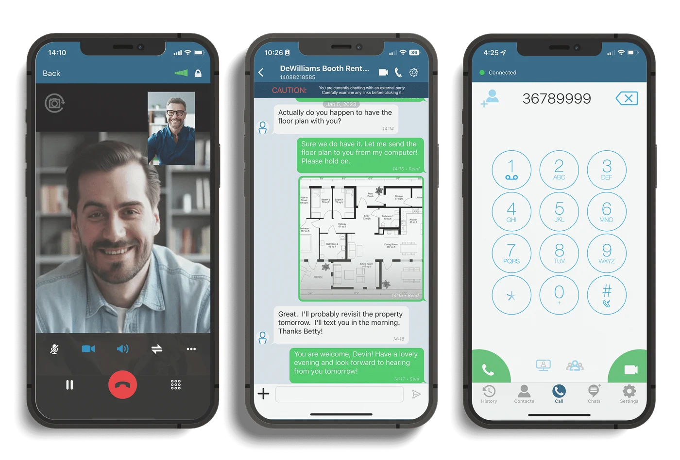 Original Deltapath Mobile screens for video calling, messaging, and business dialing
