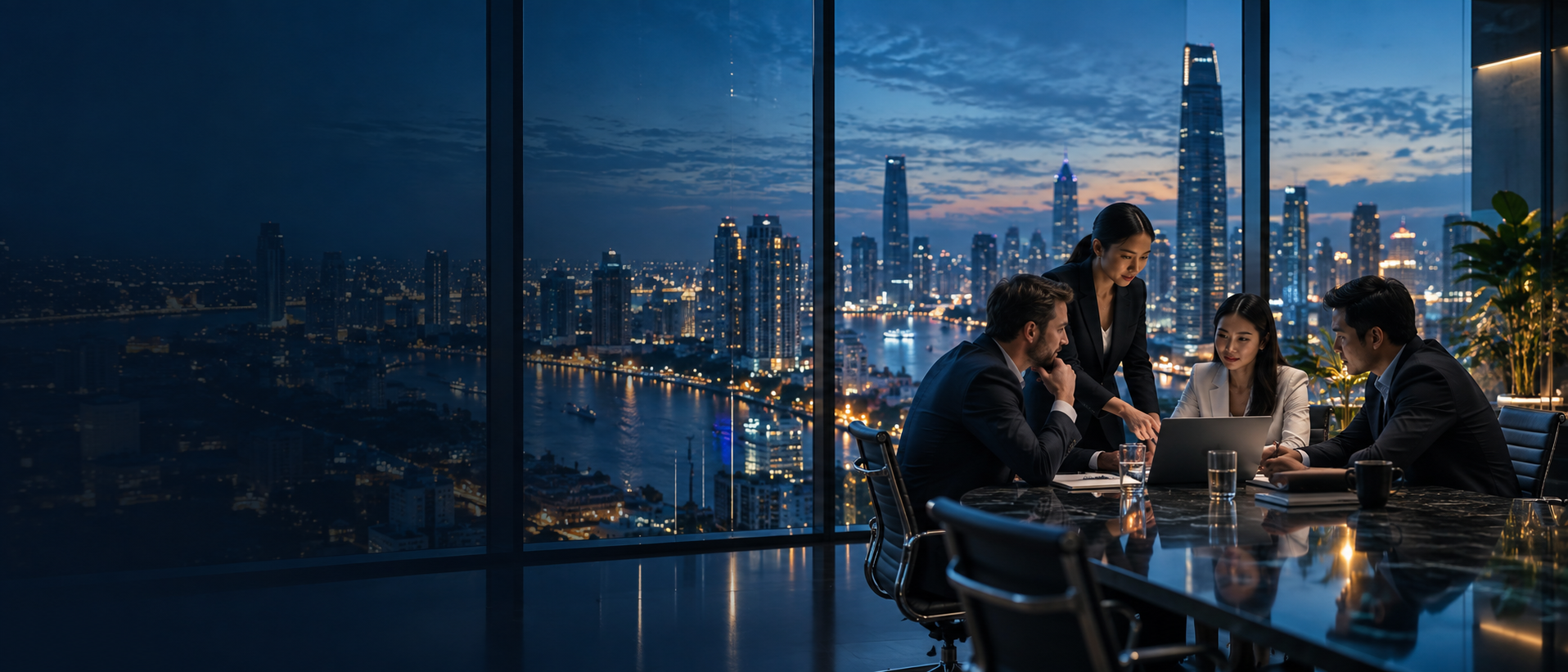 Business leaders planning growth with the Bangkok skyline beyond